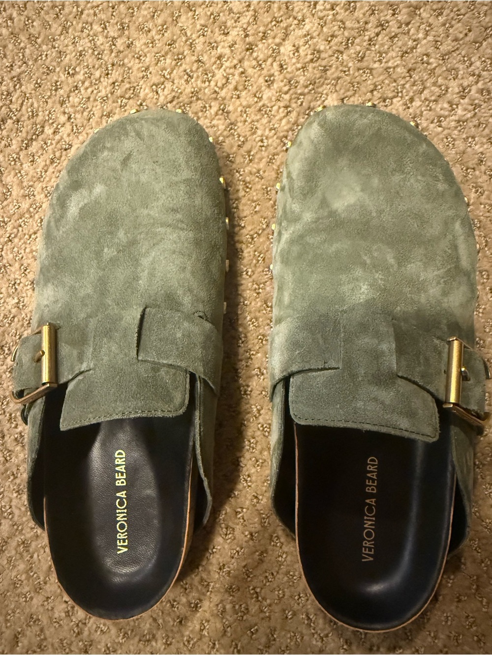 Veronica Beard Olive Green Suede Slip-On Mules with Buckle